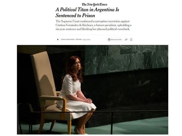El título del New York Times por la condena a Cristina Kirchner: “Titana”